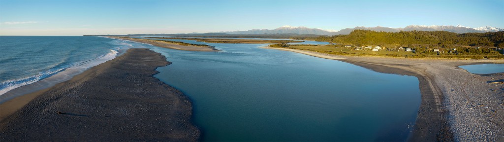 A panoramic view of Okarito Lagoon, shot from over the beach with a UAV based camera.